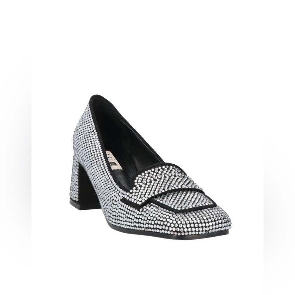 Bibi Lou Rhinestone Loafers 2.5” Block Heels Silver & Black EU size 39 = US 8.5